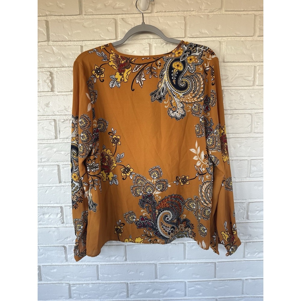 Liz Claiborne Mustard Paisley‎ Boho Blouse Flowy Long Sleeve Cottagecore Top M - Picture 2 of 10